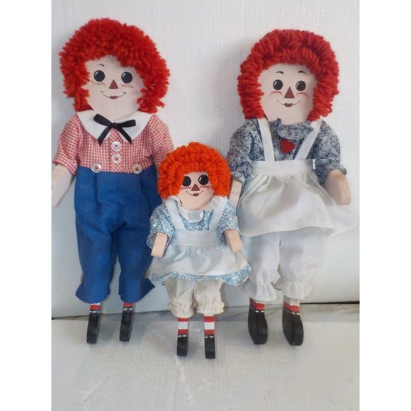 Vintage Set of 3 Raggedy Ann Andy Wooden Dolls Folk Art Posable Shelf Sitters - Picture 5 of 8